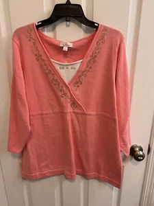 Quacker Factory XL Sweater Coral White Rhinestone Detail 3/4 Sleeve New - Picture 1 of 11