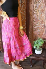 Boho Gypsy Hippy Midi Skirt, Pink Summer Skirt Floral Printed Beach Skirts S 