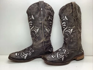 WOMENS ROPER COWBOY INLAY BROWN SQ TOE BOOTS SIZE 6.5 B - Picture 1 of 9