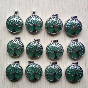 Wholesale 12pcs Natural Green Aventurine Stone Alloy Tree of Life Pendants DIY - Picture 1 of 6