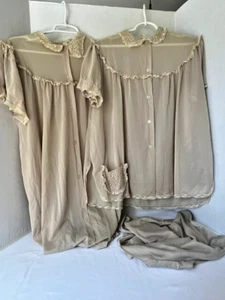 Vintage TEXSHEEN 3 PIECES Robe BabyDoll Nightie Top Bloomers SIZE 38 Beige Tan - Picture 1 of 18