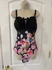 Black Size Xl Pink Floral Butterfly One Piece Swimsuit Padded Keyhole Rouched