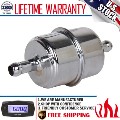 Chrome Canister Fuel Filter Fits 3/8" ID Hose Carbureted InLine Car Gas Filter Foto 1 de 4