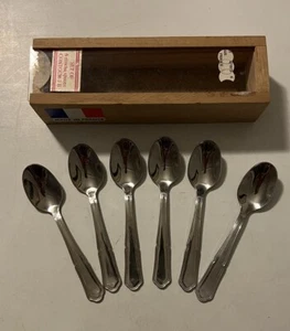 Lot 6 Contour 7 B Mocha Spoons 4” With Wooden Storage Box Made In France - Picture 1 of 8