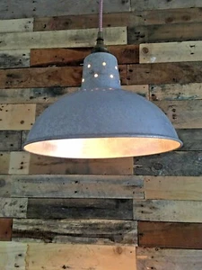 VINTAGE SILVER INDUSTRIAL ALUMINIUM CEILING PENDANT LIGHT SHADE HANGING KITCHEN - Picture 1 of 12