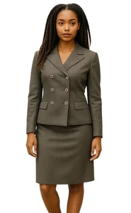 Le Suit 2 Piece Brown Double Breasted Career Business Skirt Suit Size 12 Lined - Picture 1 of 10