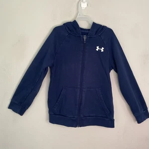 Under Armour UA Fleece Hoodie Full Zip Boys YSM Blue Cotton Loose Fit Pockets - Picture 1 of 12