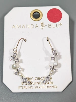 Pendientes Amanda Azul Circonita Cúbica Perla Hoja de Vid Cuelga Boda Novia Foto 1 de 4