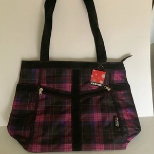 New Joe Boxer Nylon large tote Beach bag Black Purple Pink Plaid Pockets Straps - Picture 1 of 6