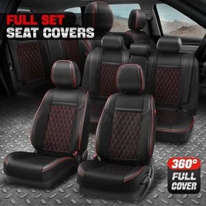 Diamond Black Fabric Leatherette Seat Cover Cushion Full Complete Set Red Stitch - Bild 1 von 11