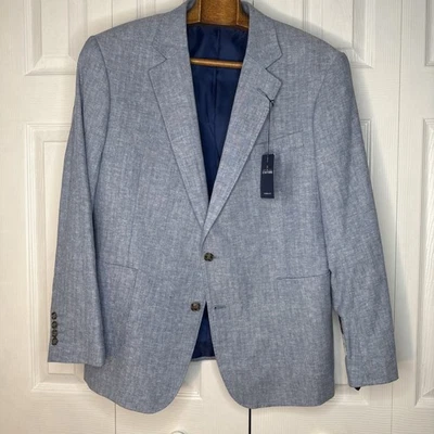 Stafford 亚麻西装外套运动外套 2 按钮人字形蓝色 46S 经典全新带标签 — 第 1/4 张图片