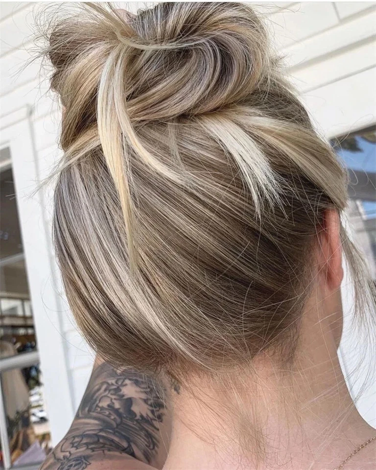 Pelucas de cabello 100 % humano marrón con reflejos rubios claros peluca frontal de encaje completo 13x4 Foto 1 de 4