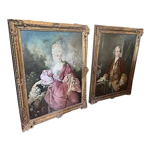 Pair of Large Antique Oil Paintings on Canvas Gilt Frame - Picture 1 of 18