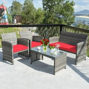 4PCS Patio Rattan Conversation Glass Table Top Cushioned Sofa Red - Picture 1 of 5