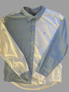 Tommy Hilfiger Mens XXL Shirt Blue White Colorblock Long Sleeve Button Up Cotton