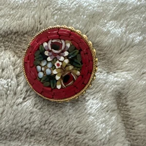 Vintage Micromosaic Brooch Pin ITALY Red Floral Round - Picture 1 of 5