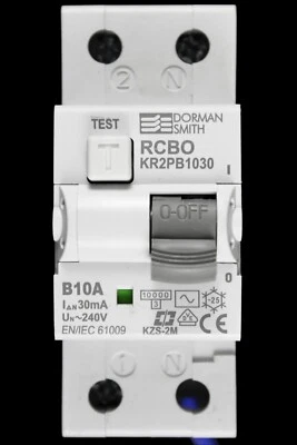 DORMAN 10 AMP CURVE B 10kA 30mA DOUBLE POLE RCBO TYPE AC KR2PB1030 - Image 1 of 4