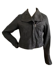 NEW LOOK BLACK LEATHER CROPPED BIKER JACKET UK 14 EU 42 US 10 MEDIUM BNWT - Picture 1 of 20