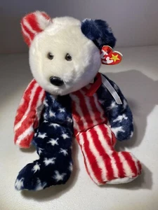 TY 1999 SPANGLE l'ORSO PATRIOTTICO BEANIE BUDDY rosso bianco blu 4 luglio 14" - Foto 1 di 5