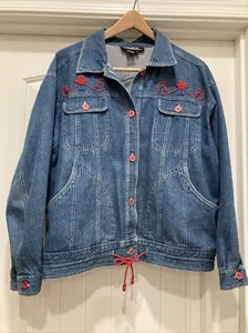 Vintage 1980s SK Wear SZ M Red Beaded Designs Jean Jacket Red Buttons Drawstring - Picture 1 of 15