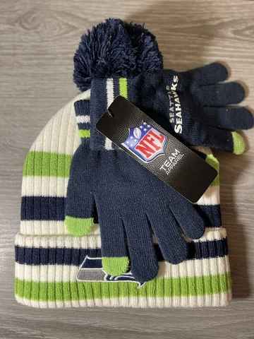 Seattle Seahawks Youth Kids Beanie Hat Pom-Pom Gloves Set NFL Green White OSFM Cover