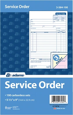 TOPS BUSINESS FORMS, INC. Adams Service Order Form, 3 Part, Carbonless, 5 2/3"X9" Inch, 250 Sets per Pack