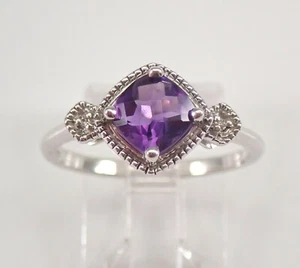 White Gold Diamond and Cushion Cut Amethyst Engagement Ring Size 7 February Gem - Picture 1 of 4