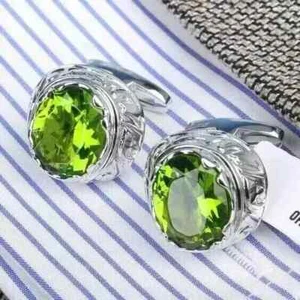 2Ct Round Cut Lab-Created Peridot Men's Wedding Cufflinks 14k White Gold Plated - Picture 1 of 4