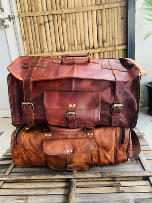 Homme Marron Vintage Authentique Leatherluggage Polochon Sac Gym 20 " Rond - Photo 1/4