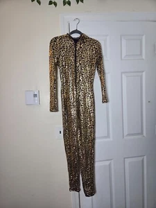 Women’s Leopard Print Bodysuit Jumpsuit Cat Costume Gold Detail Size US S/M - Picture 1 of 8