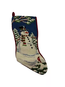 Christmas Snowman Cross Stitch Stocking Red Velvet Back 19" Red Bird Cardinal - Picture 1 of 7