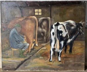 Vintage European Oil On Canvas Farmer Milking Cows Painting Mystery Artist - Picture 1 of 13