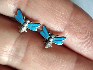 Silver Butterfly Dragonfly Insect Stud Earrings Iridescent Blue Wings - Picture 1 of 6