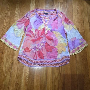 Hale Bob Silk Print Boho-Chic Bell Cuff Colorful Retro Peasant Blouse Size XS - Picture 1 of 8