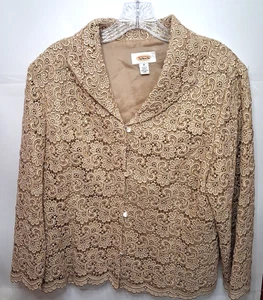 Talbots Metallic Gold Lace Crochet Blazer Women 16 Jacket Scallop Hem Lined - Picture 1 of 24