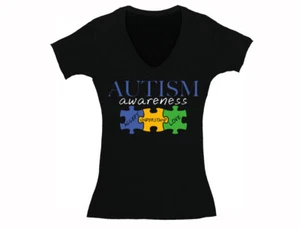 Women's Autism Awareness Love Blue Autistic Disorder V-Neck Short Sleeve T-Shirt - Picture 1 of 1