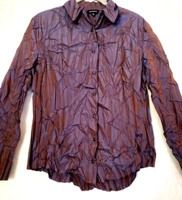 Blusa KOMAROV arrugada plisada manga larga con botones - ¡Fabuloso satén púrpura! S Foto 1 de 4