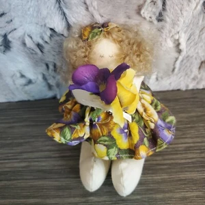 Small Muslin PANSY Flower Doll 6" Window Sill Shelf Sitter Signed Diane '98 - Picture 1 of 8