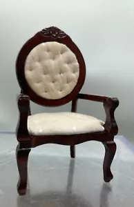 Vtg Carved Dark Wood with Tufted Cream Seat Desk Chair 1:12 Dollhouse - Picture 1 of 5