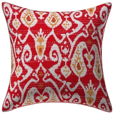 Boho Hippie Yoga Pillow Case Cushion Cover Red Kantha Ethnic Ikat Meditation - Image 1 of 4