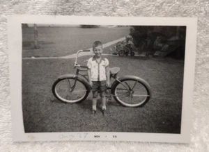 1955 Vtg Birthday Photo Boy w/ Bike Snapshot 3.5" x 5" B-Day Present. CUTE!! - Picture 1 of 3