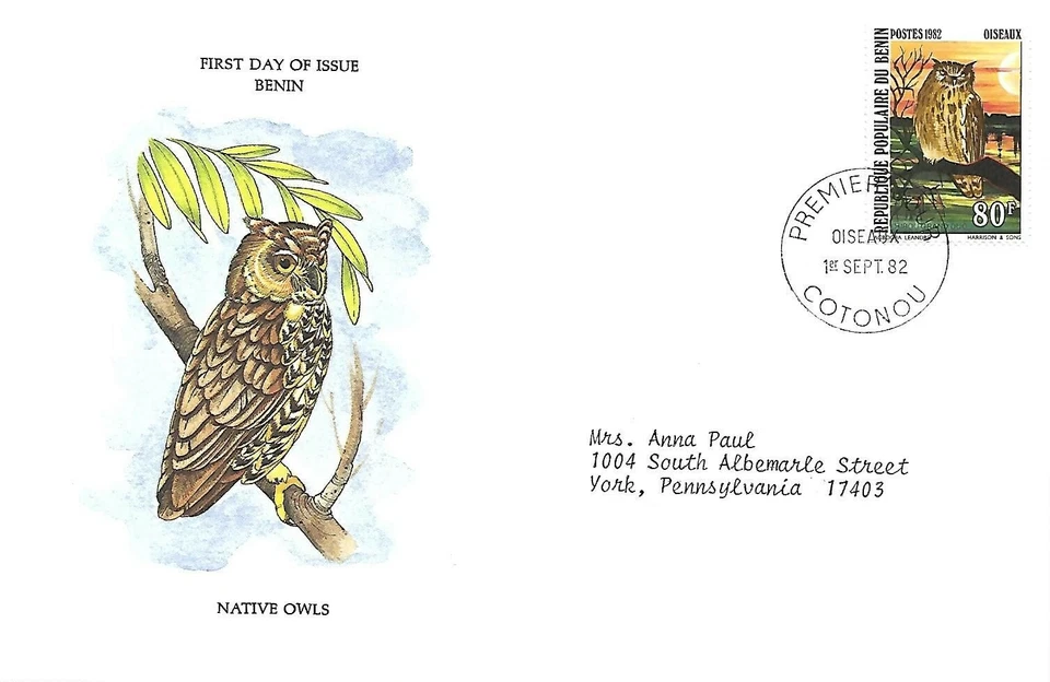 BENÍN 1982 PRIMER DÍA CUBIERTA BÚHO NATIVO  Foto 1 de 1