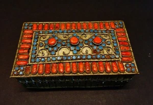 Tibetan antique jewelry Silverton trinket fine inlaid natural coral & turquoise - Picture 1 of 3