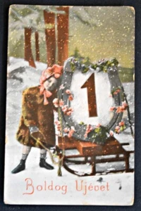 Vintage Mädchen mit Schlitten Neujahr Postkarte PC 1908 - Deutschland - Budapest Poststempel - Bild 1 von 1