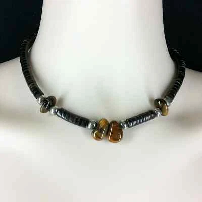 Collar De Colección Años 70 Plata Esterlina Ojo de Tigre y Concha Cuentas Suroeste Hecho a Mano Foto 1 de 2