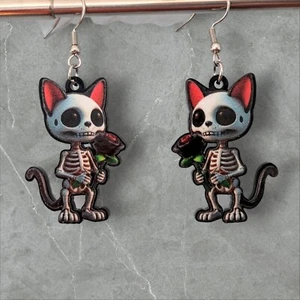1.5" Cat Skeleton & Black Rose Earrings Cute Valentines Gift Goth Emo Skull Love - Picture 1 of 2