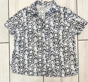 HOT COTTON XL Linen Black White Snake Python Print Button Up Shirt Blouse Top - Picture 1 of 7
