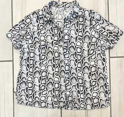 LO ÚLTIMO ALGODÓN XL Lino Negro Blanco Serpiente Estampado Pitón Camisa Abotonada Blusa Top Foto 1 de 4