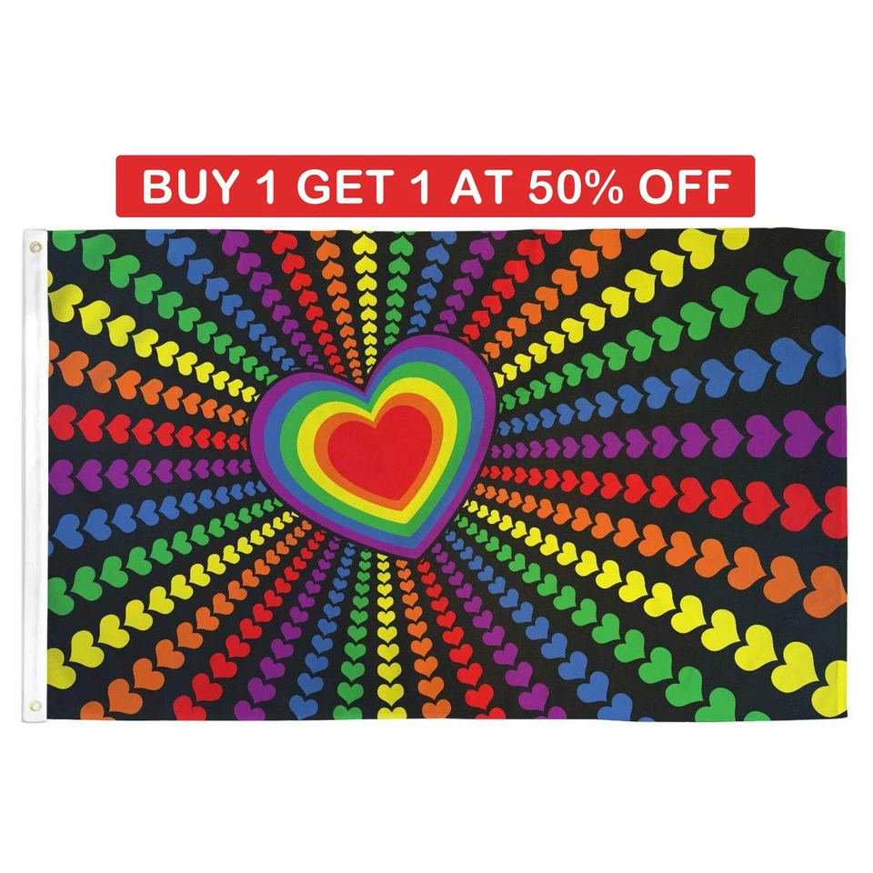LGBTQ Rainbow Love Heart Flag Gay Pride Lesbian Parade Festival Support 5x3ft UK