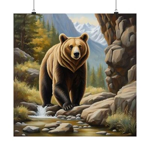 Majestic Bear at Cave: Wilderness Oil Painting, Mountain Landscape, Wildlife Art - Picture 1 of 26